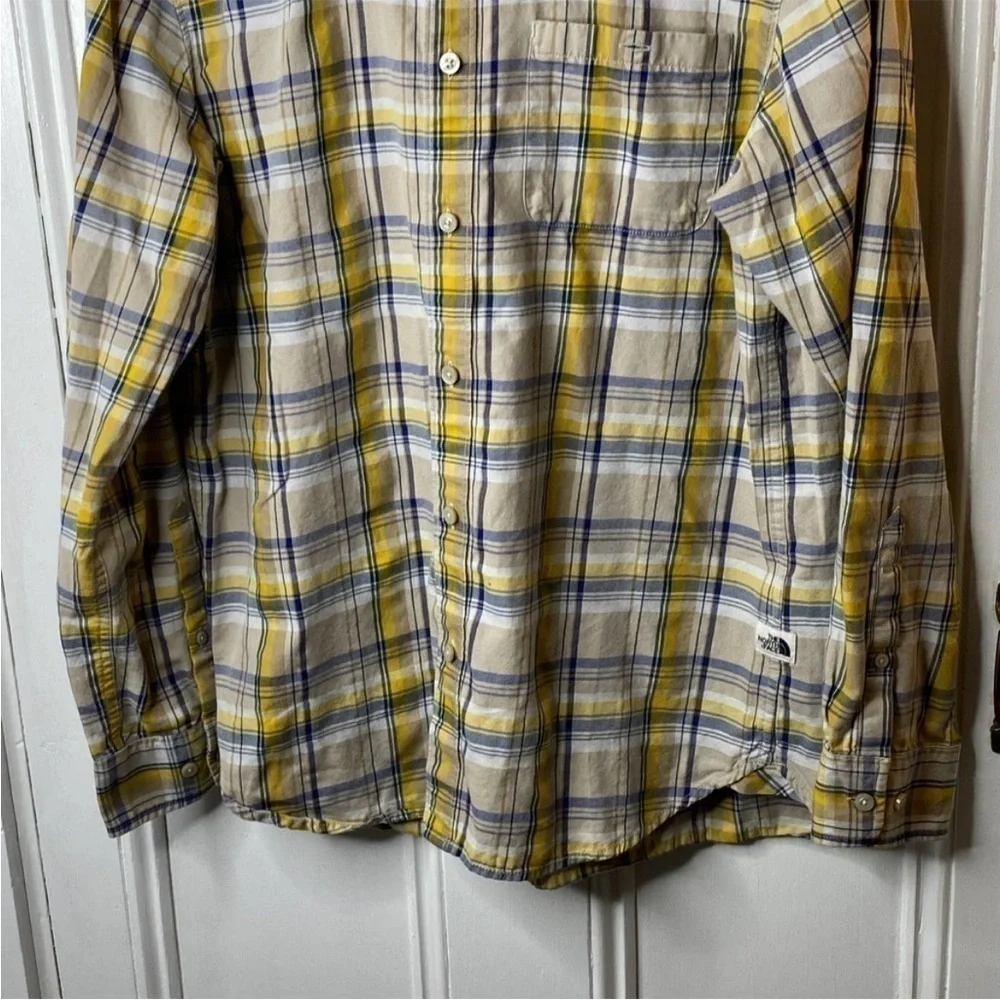 The North Face Yellow/Blue Plaid Long Sleeve Button Down Shirt Sz L
